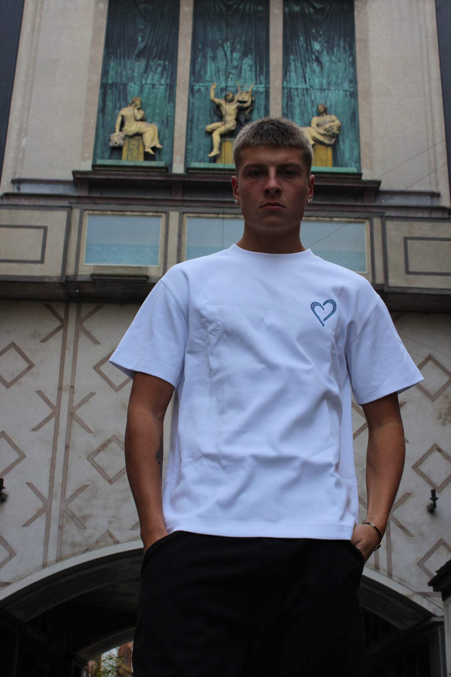 Heavyweight T-Shirt with Blue Heart - White