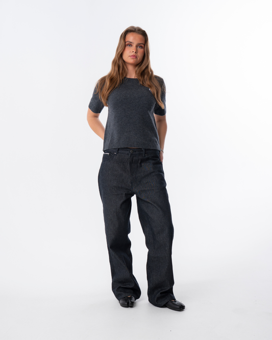 Short Sleeve Merino Knit Small Collar - Dark Grey